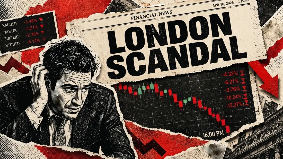 Torn newspaper collage headlined LONDON SCANDAL, with a worried trader, a falling candlestick chart marked 16:00 and a panel of red percentage declines